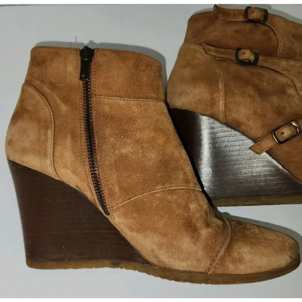 Wedge Ankle Boot Buckle Strap Suede Greer Tan Women's sz 9 J. Crew Gum Sole